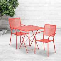 Flash Furniture CO-28SQF-02CHR2-RED-GG 28" Square Steel Folding Patio Table Set with 2 Square Back Chairs in Coral